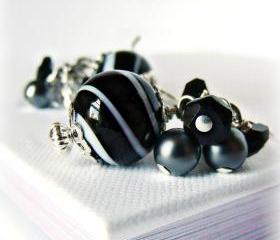 Black and White Hand Blown Glass Earrings w/ Onyx- Black Earrings- Black Jewelry- Pearl Jewelry- Onyx Jewelry- Sterling Silver Jewelry