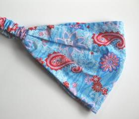 Headband Head Wrap Dreadband Womens Gypsy Hippie Bandana Pink Red Floral Paisley on Blue Waves