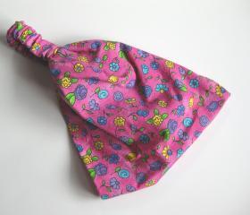 Head Wrap Dreadband Womens Gypsy Elastic Bandana Purple Teal Yellow Flowers on Pink
