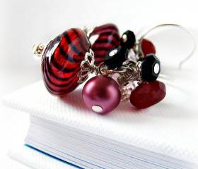 Red and Black Stripe Blown Glass Earrings w/ Red Jade and Onyx- Red Jewelry-Sterling Silver- Pearl Jewelry- Onyx Jewelry