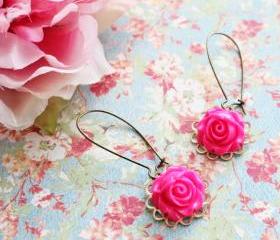 Bright Pink Rose Flower Earrings