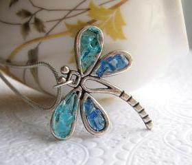 Dragonfly Necklace, Blue Dragonfly, Stained Glass Dragonfly
