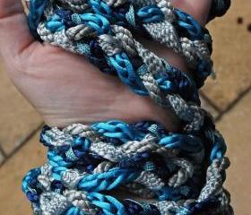 Handfasting cord in shades of blue and silver, with Moroccan woven trim, Swarovski crystals and glass crackle beads