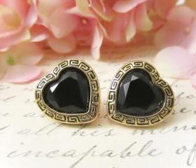 Vintage Button Earrings, Black Gem Heart Studs, Tribal Earrings, Chic Clip on, Bridesmaid Earrings, Bridal Party