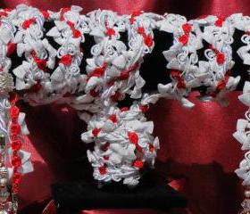 Handfasting cord in red, white and silver, with silver and Swarovski bead embellishments