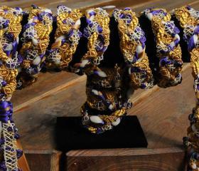 Handfasting cord in purple and gold, with satin ribbons and delicate trellis trim