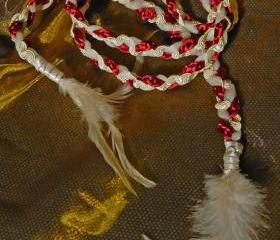 Handfasting cord in burgundy and gold, with cream tulle and feather embellishments