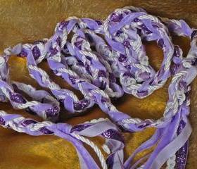 Handfasting cord in lilac and white, with darker lavender and purple glitter ribbon highlights