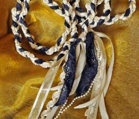 Handfasting cord in navy blue, cream and silver, with white pearl trim
