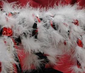 Handfasting cord in black, white and red, with marabou trim, white and red satins, organza and diamante trim