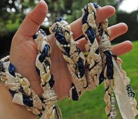 Handfasting cord in cream and navy blue, with antique finish lace, cream pearls and swarovski beads