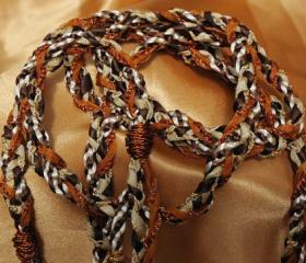 Handfasting cord in chocolate brown, cream, gold, bronze and burnt orange. Wire wrapped ends