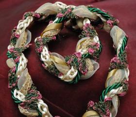 Handfasting cord in gold, cream and green satin and lace, with pretty green and pink floral braid