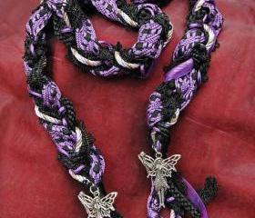 Handfasting cord in black, lilac and purple with woven Moroccan ribbon and tibetan silver fairies