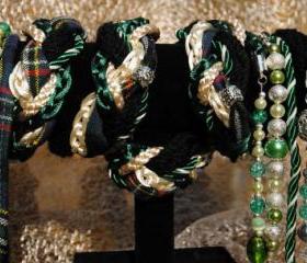 Handfasting cord in tartan, cream and hunter green satin, with pearls, glass beads and crystals