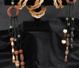 Custom Handfasting cord made from antique gold and cream satin rope, decorated with handmade wooden beads and tibetan silver