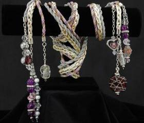 Custom Handfasting cord in silky ivory braid with metallic silver and lilac braids, with swarovski, vintage glass and wire wrapped beads