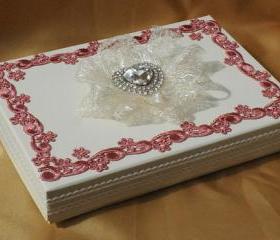 A5 Keepsake presentation wedding gift box. Ivory card box with dusky pink lace and diamante heart centrepiece