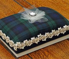A5 Luxury Tartan gift box, with Blackwatch fabric lid, cream and gold trim and a rose and diamante cameo centrepiece.