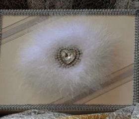A5 Keepsake presentation gift box. Ivory coloured card box with feather and diamante centrepiece