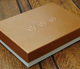 A5 Keepsake presentation gift box. Ivory colour card box with satin metallic bronze finish lid. Hand painted flower detail and plush lining