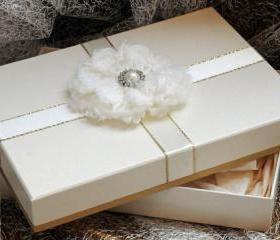 A5 Keepsake presentation gift box. Ivory card with luxury gold trimmed ribbon and plush woollen and diamante centrepiece