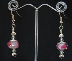 Silver hook earrings with pink faceted glass beads and looped top with swarovski crystals