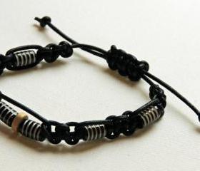 Black mens shambala bracelet, braided from leather cord and decorated with indian antler beads