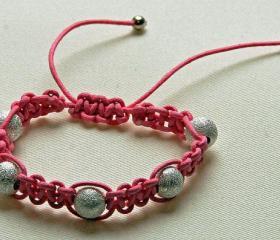Pink shambala bracelet with silver stardust beads, suitable for children, ideal for flower girls and bridesmaids