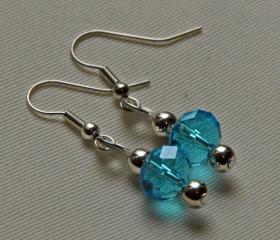 Silver hook earrings with blue faceted glass beads and looped top, to match handfasting cord