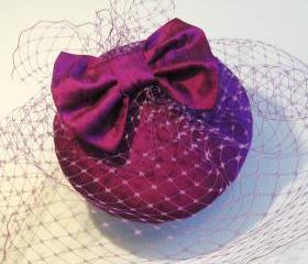 Magenta Silk Bow Veiled Cocktail Hat.