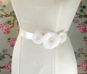 Ivory Organza Flowers Sash Belt.