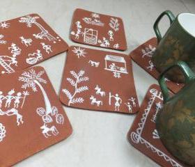 Warli Art Coaster Set of 6 in Ochre & Acrylic White