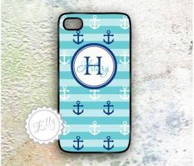 iphone 4 4S blue anchors case custom monogram or name 