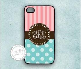 candy blue and coral iphone 4 case stripes polka dots hard cover