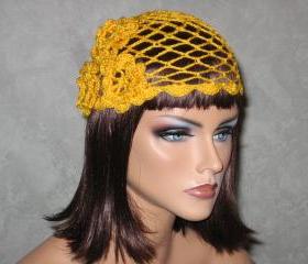 Handmade Crocheted Open Lace, Scalloped Edge, Cloche Cap -Golden Rod Yellow Size M