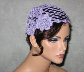 Handmade Crocheted Open Lace, Scalloped Edge, Cloche Cap -Lilac, Purple Size M