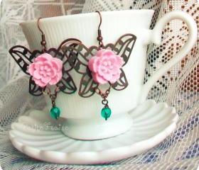 Rosa Silvana, butterfly earrings - 'Treasures' collection, vintage style, pink and teal