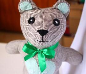 Vintage style Hug Bear soft toy: brown/grey and mint green **