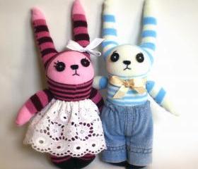 Couple of sweet little sock bunnies: pink/purple and blue/yellow