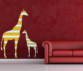 Mother and Baby Giraffe Fabric Wall Decals in colorful stripes
