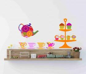 Nursery Decor Teapot Teacups and cupcakes Fabric wall decals