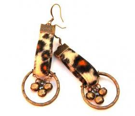 Wild Spots: Leopard Print Antique Brass Hoop Earrings with Bells