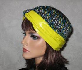 Handmade Twist Turban -Yellow, Teal, Multicolored Faux Leather & Jersey