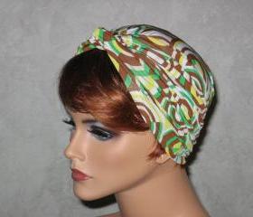 Handmade Twist Turban -Brown,Green, Yellow, Retro Fabric