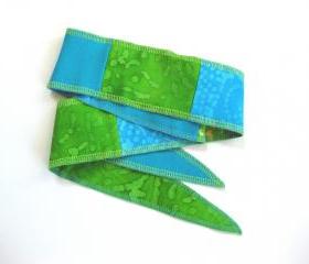 Womens Tie Headband Hair Wrap Boho Upcycled Patchwork Hippie in Caribbean Blue and Tropical Green