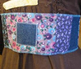 Patchwork Obi Gypsy Sash Tie Hippie Pocket Hip Belt Womens Upcycled Reversible in Blue Teal Purple Summer Festival Wear