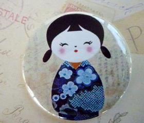 Pocket Mirror - Kokeshi Doll with Blue dress