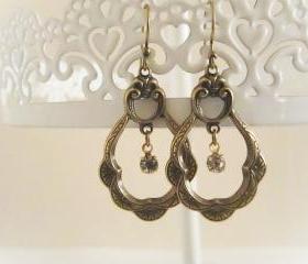 Brass Scallop Art Nouveau Dangle Hoop Rhinestone Earrings, Antique Earrings, Bridesmaid, Vintage Swarovski Rhinestone, Old Hollywood