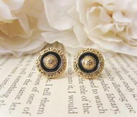 Vintage Gold and Black Floral Earrings, Enamel Stud Earrings, Vintage Button Earrings, Fall Fashion, Post Earrings, Bridesmaid Earrings